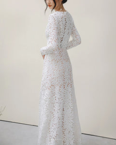 Elegant lace custom-order dress with V-neck and long sleeves - D1142 - POXI