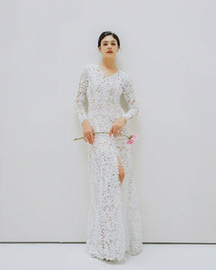 Elegant lace custom-order dress with V-neck and long sleeves - D1142 - POXI
