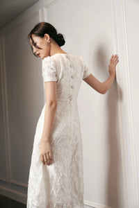 Elegant midi prom white dress with large buttons on the back - D1500B - POXI