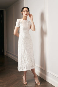 Elegant midi prom white dress with large buttons on the back - D1500B - POXI