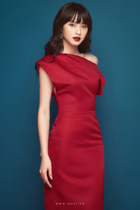 Elegant one-shoulder party dress with luxurious red color - D1525B - POXI