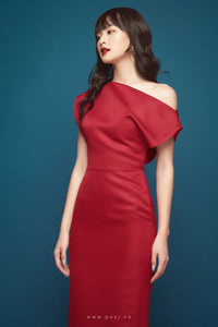 Elegant one-shoulder party dress with luxurious red color - D1525B - POXI