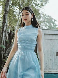 Gentle pastel blue party dress with unique pleated detail - D1578 - POXI