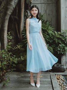 Gentle pastel blue party dress with unique pleated detail - D1578 - POXI