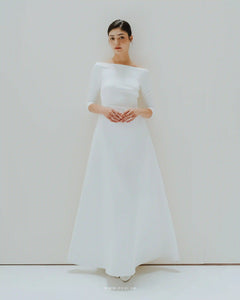 Off-the-shoulder minimalist wedding dress with three-quarter sleeves - D1590 - POXI