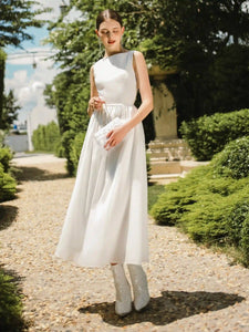 Minimalist white midi party dress with boat neck, sleeveless - D1766B - POXI