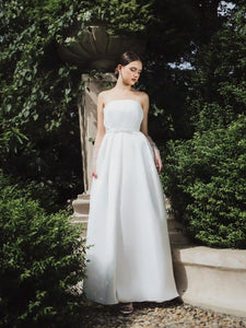 Modern off-shoulder wedding dress with a front split design and detachable bow belt - D1773 - POXI