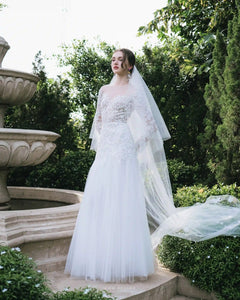 Made-to-order Mermaid lace wedding dress with crew neck and long sleeve - D1799 - POXI