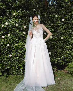Made-to-order Gentle wedding dress with flare skirt and boat neck - D1800 - POXI