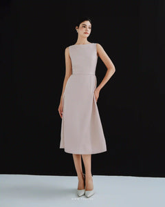 Minimalist pink midi party dress with boat neck and sleeveless - D1815 - POXI