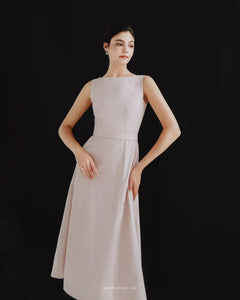 Minimalist pink midi party dress with boat neck and sleeveless - D1815 - POXI