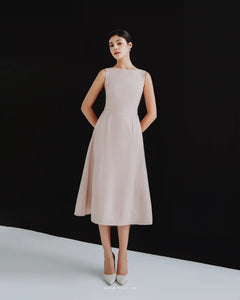 Minimalist pink midi party dress with boat neck and sleeveless - D1815 - POXI