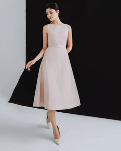 Minimalist pink midi party dress with boat neck and sleeveless - D1815 - POXI