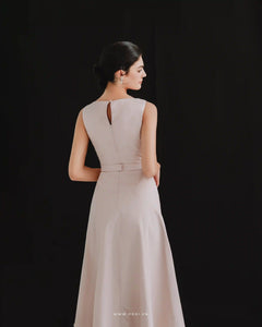 Minimalist pink midi party dress with boat neck and sleeveless - D1815 - POXI