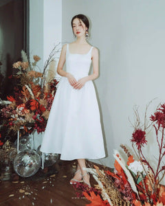 Modern open-back party white dress with square neck, sleeveless and flared skirt - D1847C - POXI