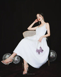 Modern open-back party white dress with square neck, sleeveless and flared skirt - D1847C - POXI