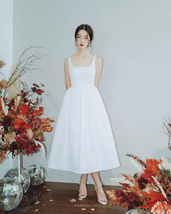 Modern open-back party white dress with square neck, sleeveless and flared skirt - D1847C - POXI