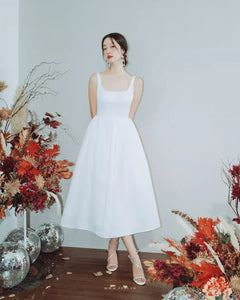 Modern open-back party white dress with square neck, sleeveless and flared skirt - D1847C - POXI