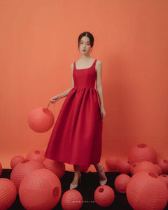 Modern open-back party red dress with square neck, sleeveless and flared skirt - D1847 - POXI