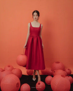 Modern open-back party red dress with square neck, sleeveless and flared skirt - D1847 - POXI