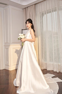 Princess wedding gowns with boat neck and detachable bow - D814 - POXI