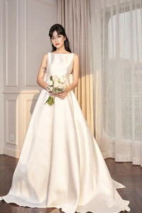 Princess wedding gowns with boat neck and detachable bow - D814 - POXI