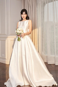 Princess wedding gowns with boat neck and detachable bow - D814 - POXI